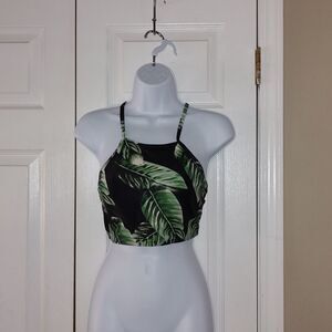 Shein black green tropical  binkini top Sz M NWOT